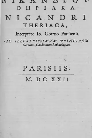 Title page of Nicandri Theriaca, interprete Ioannis Gorraeo parisiensi, 1622