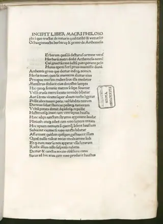 Title page of De viribus herbarum, 1477