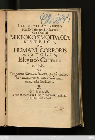 Title page of Mikrokosmographia Metrica, sive Humani Corporis Historia, 1679